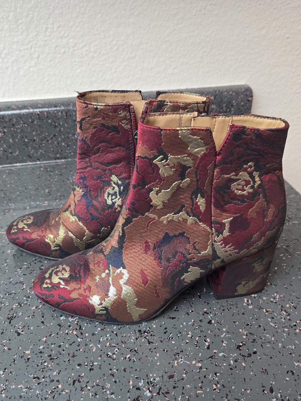 Franco Sarto Floral Brocade Ankle Boots - Burgundy Gold